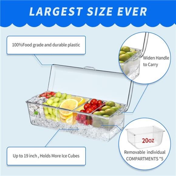 Large Ice Chilled Condiment Caddy Bar Serving Tray Removable Compartments Party - Picture 3 of 6